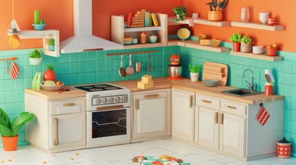 Fototapeta premium isometric D vegan kitchen with tofu and vegetables .