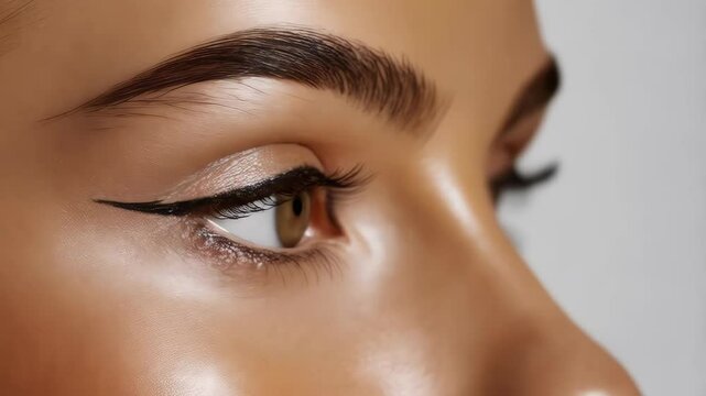 Close-up of an eye with eyebrow styling and eyeliner for beauty, cosmetics, or fashion advertising with natural skin tone, clean makeup and hair.