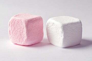 Two square marshmallows, pink and white