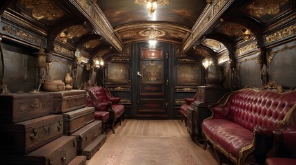 Antique stagecoach carriage filled with velvet upholstery offers luxurious vintage experiences for heritage tourism enthusiasts