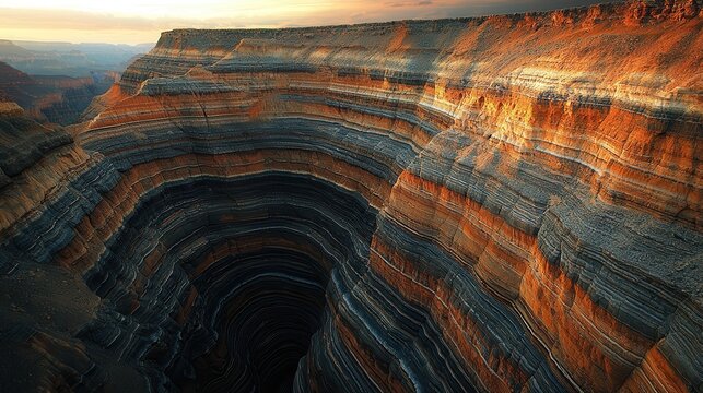 Grand canyon strata geological formations with dramatic layered sediment patterns captured in golden hour light revealing natural textures in amber terracotta and white tones