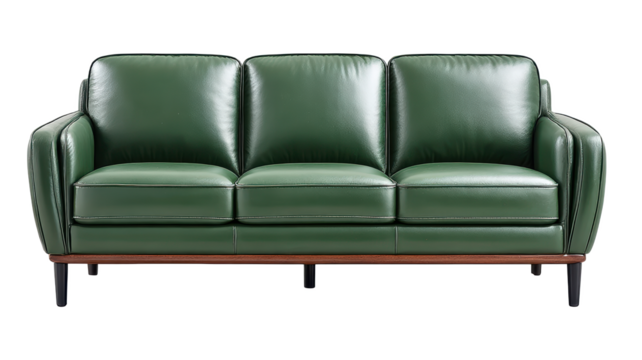 Modern dark green leather sofa with low profile and wooden base, perfect for stylish living room seating