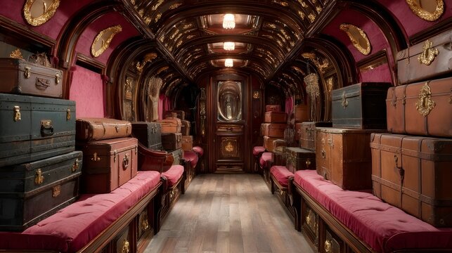 Admire antique stagecoach carriage featuring luxurious velvet seating intricate woodwork and timeless craftsmanship exhibition display