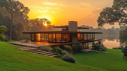 Obraz premium Modern house overlooking a lake at sunrise. Lush landscaping surrounds the property