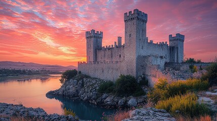Fototapeta premium Majestic castle at sunrise over tranquil water