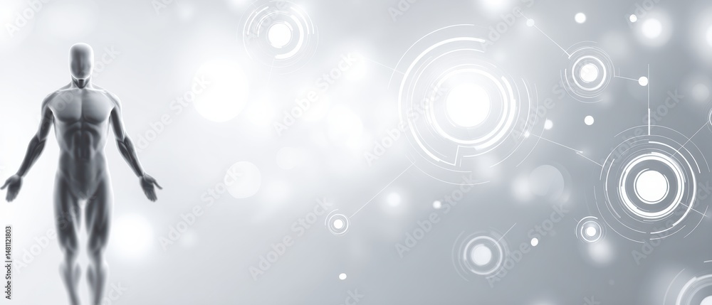 Poster a metallic humanoid figure stands on a futuristic, glowing background with abstract digital circular