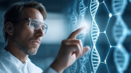 A scientist interacts with a digital DNA model, symbolizing genetic research and biotechnology in a futuristic lab.