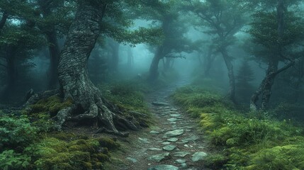 Fototapeta premium Misty forest path, gnarled trees, moss-covered ground
