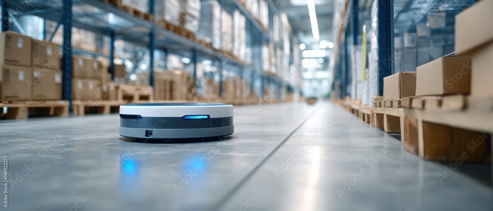 Poster a robotic device navigates a modern warehouse, surrounded by shelves filled with boxes and packages,