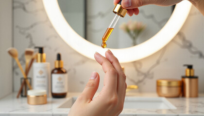 Woman applying facial oil with dropper in modern bathroom setting  