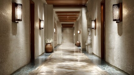 Unwind at the Luxurious Sand-Hued Spa Retreat Corridor Designed for Ultimate Relaxation and Serenity Experiences