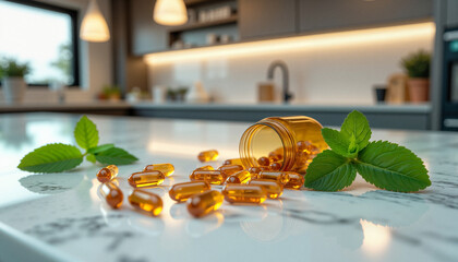 Vitamins and supplements spilled from jar on kitchen countertop with herbs  