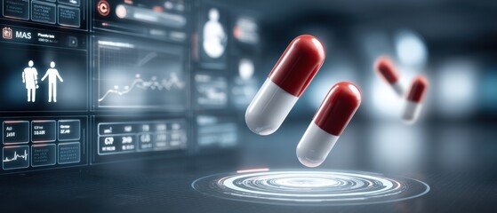 Red and white capsules float in a high-tech, digital medical environment with futuristic data displays in the background.