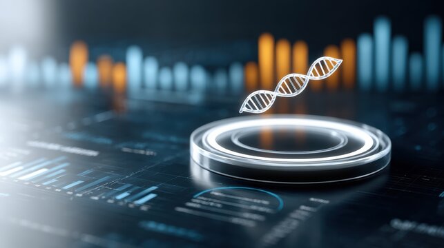 A digital DNA strand hovers over futuristic data charts, symbolizing genetic research and advanced biotechnology.