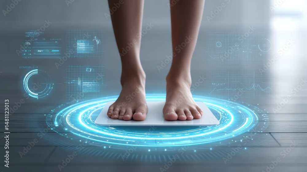 Poster a person standing on a digital smart scale with futuristic health data graphics overlaying the scene