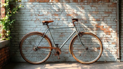 Vintage bicycle leaning against brick wall