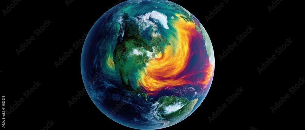 Poster a view of earth from space showing swirling atmospheric patterns and weather systems highlighted in 