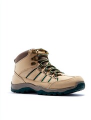 A casual men's hiking boot in the color of tan, with brown and green accents, on a white background, product photography.