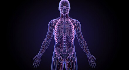 Glowing human anatomy skeleton and circulatory system