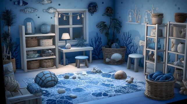 Creative Ocean-Themed Play Corner Designed With Blue Tones Nautical Decor And Engaging Interactive Learning Zones