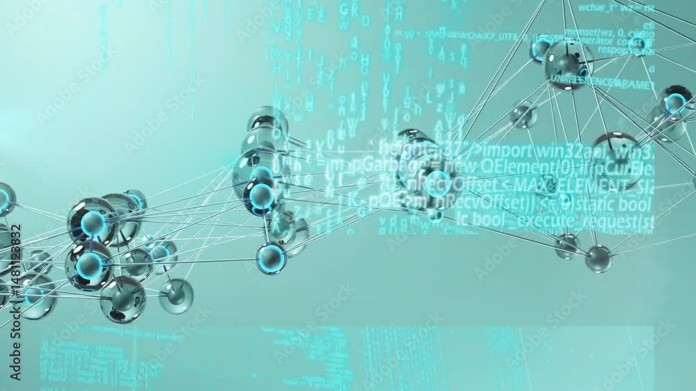 Poster 3d render showing metallic spheres glowing blue cores, floating amid cascading code streams