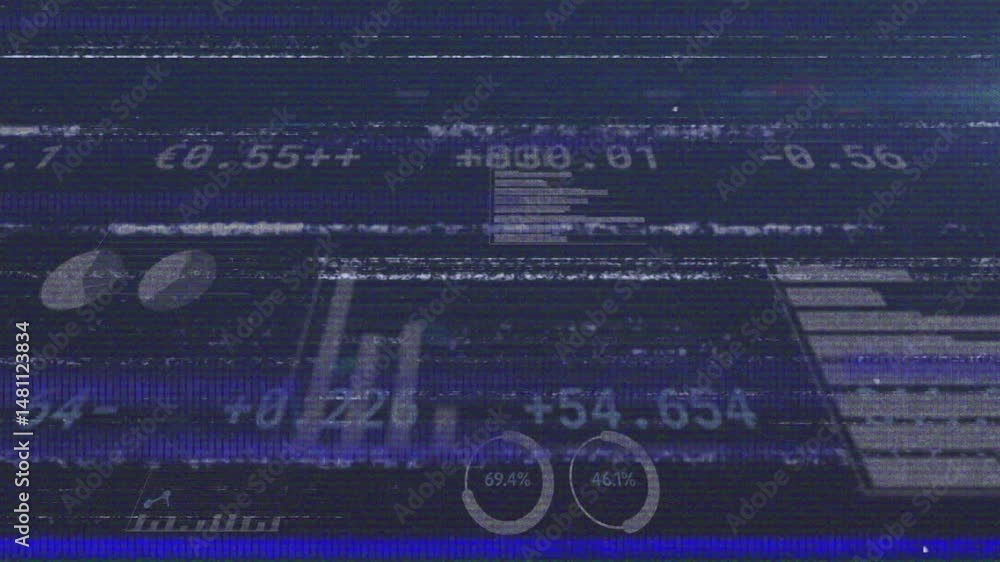 Poster glitchy digital interface flickering static lines and chart shapes showing circular progress bars
