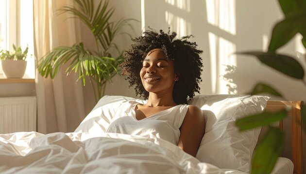 Mulher negra na casa dos 30 anos acordando na cama