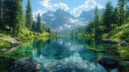 Serene alpine lake surrounded by towering peaks and lush forest