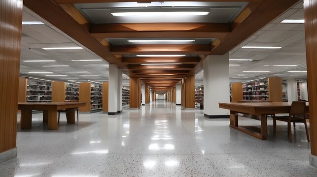 Empty university library walkway with mahogany shelving and ambient lighting fostering quiet academic reflection sessions