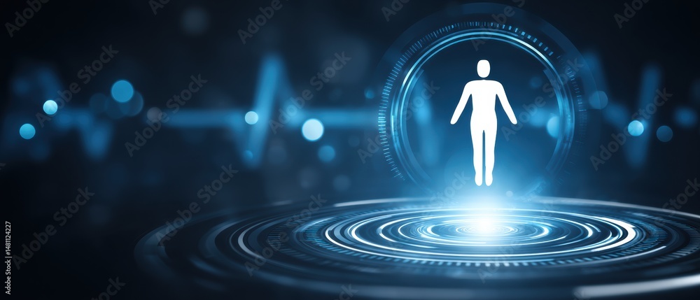 Poster a glowing human figure in a futuristic digital interface with blue circular and wave-like elements i