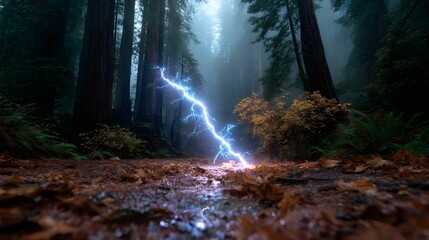 Fototapeta premium Witness a Cyan Lightning Bolt Illuminating a Dense Forest Canopy in Electrifying High-Speed Photography Detail