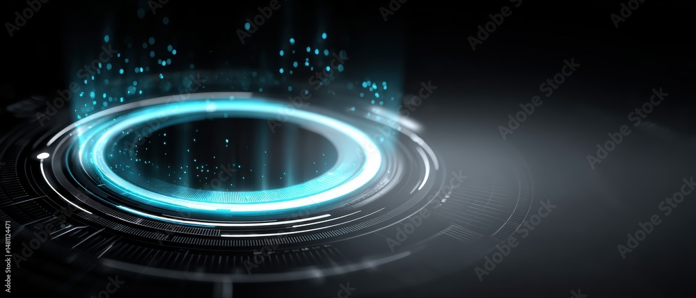 Poster futuristic digital interface with glowing blue circular hologram and floating particles on a dark ba