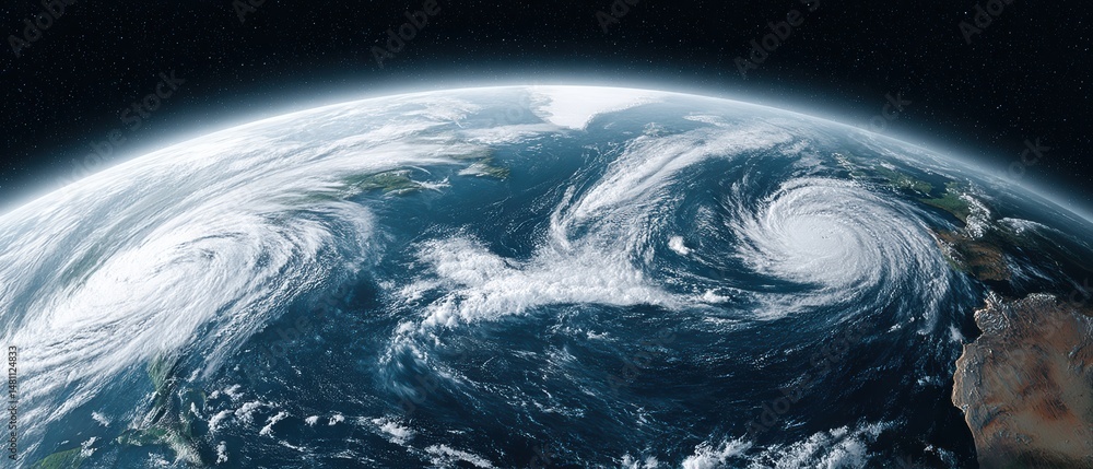 Poster a view of earth from space showing powerful hurricanes swirling over the atlantic ocean with visible