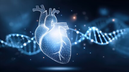 A digital rendering of a human heart with a DNA strand in the background, symbolizing biotechnology and genetic science.