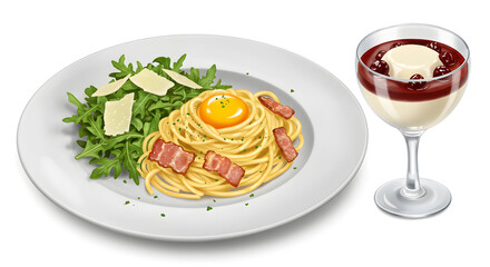 Homemade spaghetti carbonara with crispy pancetta pieces in a velvety egg yolk sauce, served alongside a crisp arugula salad with shaved parmesan. For dessert - a delicate panna cotta with fresh berry