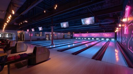 Retro Bowling Alley Walkway Featuring Neon Lighting Lane Designs And Arcade Ambiance For Nostalgic Fun
