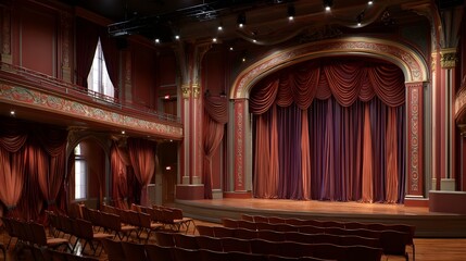 Fototapeta premium Opulent Ballroom Theatre Wedding Venue With Burgundy Velvet Drapes Crystal Chandeliers And Grand Stage Ambiance
