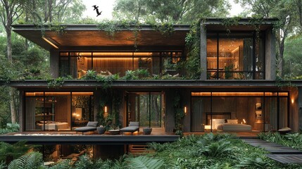 Modern jungle house with layered decks and lush greenery