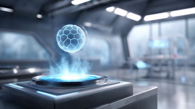 A glowing blue holographic soccer ball floats above a futuristic device in a high-tech laboratory setting.