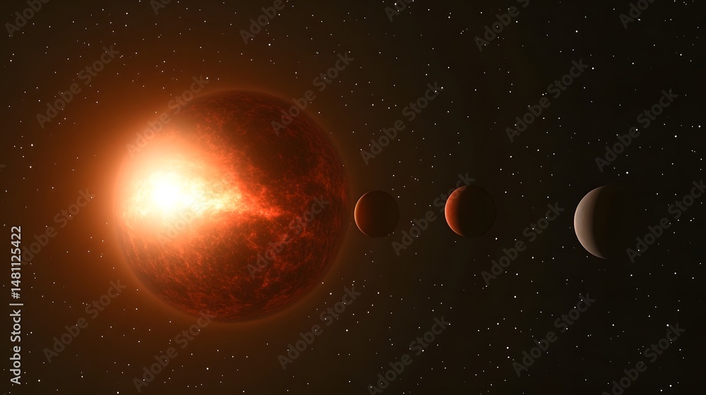 Poster a fiery celestial body surrounded by smaller planets in deep space.