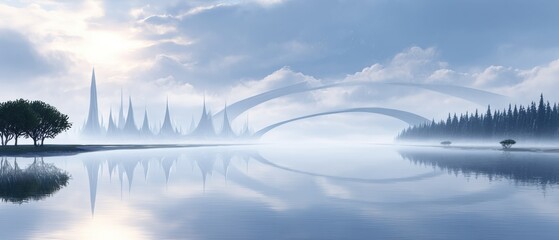 Futuristic cityscape with arched bridges, spires, trees, and a calm reflective lake under a misty sky.
