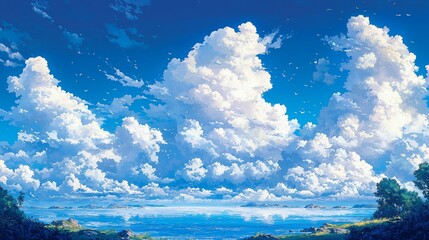Fototapeta premium Serene seascape with fluffy clouds and a clear blue sky