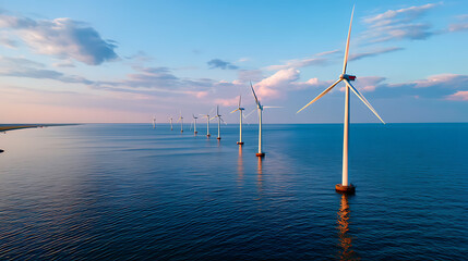 Offshore Wind Turbines Aligned Over Calm Ocean Surface, Ideal For Renewable Energy Branding, Sustainable Technology Promotion, And Coastal Infrastructure Campaigns