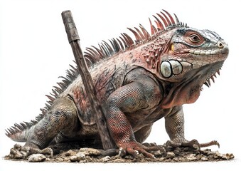 Obraz premium A large iguana, reddish-brown, sits on a bed of dirt, a stick protruding from the ground near it. Its scales are detailed, and the iguana is positioned in profile view