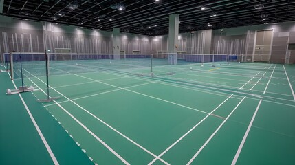 Obraz premium Elevate Your Game On A Competitive Badminton Court Featuring Taut Net Systems And Professional Markings