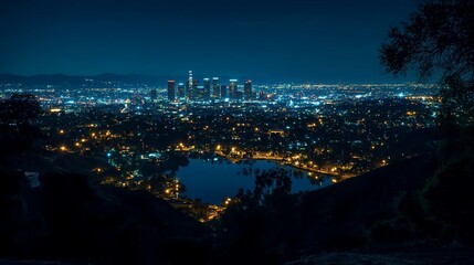 Fototapeta premium Night cityscape view, sprawling city lights illuminate hills and a lake