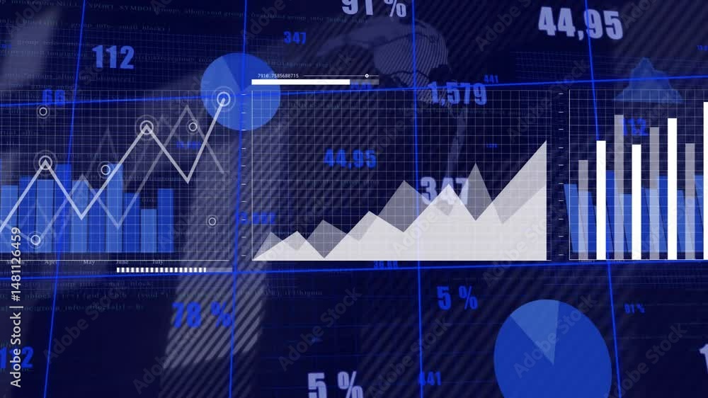 Poster digital analytics dashboard being visualized in deep blue, featuring clear globe, overlaid charts