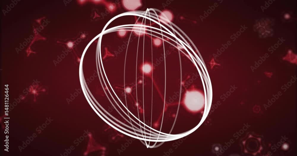 Poster abstract sphere pulsating in red digital network, featuring glowing red nodes, looping white lines