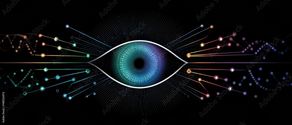 Poster futuristic digital eye with colorful data streams, symbolizing technology, artificial intelligence, 