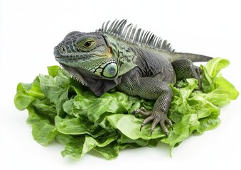 Obraz premium Green iguana on a bed of fresh lettuce. Dark green iguana with vibrant green scales sits atop a pile of fresh, crisp lettuce leaves against a plain white backdrop